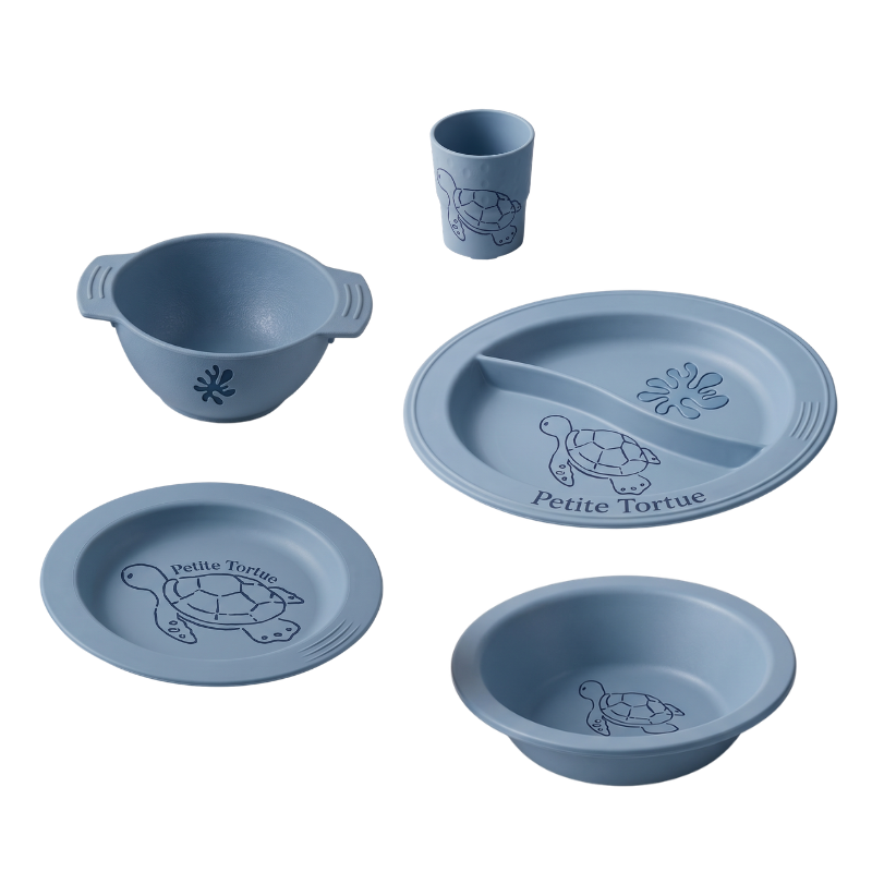 Coffret Vaisselle Bébé Tortue – 5 Pièces Bleu | Biobib® Sans Plastique Made in France