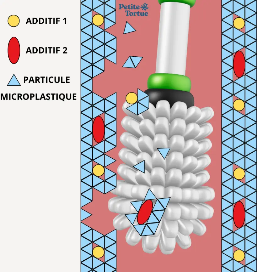 Schéma de la libération de particules de microplastiques et de perturbateurs endocriniens lors du lavage d'un biberon en plastique